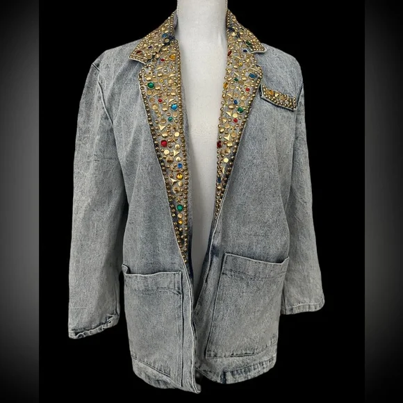 Vintage Bedazzled Acid Wash Jean Blazer - Size L - Picture 3 of 9